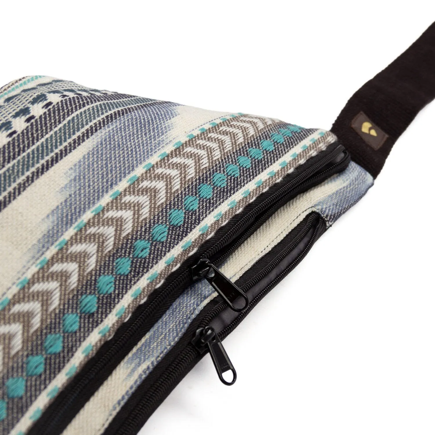 ETHNO collection: belt bag in ikat fabric with black pattern white and blue colors.  BODHI, black