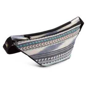 ETHNO collection: belt bag in ikat fabric with black pattern white and blue colors.  BODHI, black