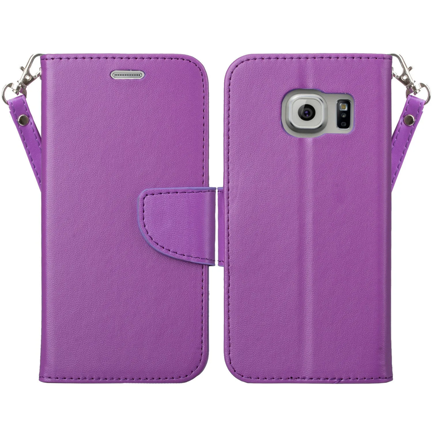 Galaxy S7 Case, Double Fold Wallet Case, Wrist Strap Flip Folio [Kickstand Feature] Pu Leather Wallet Case with ID & Credit Card Slot For Galaxy S7 - Purple