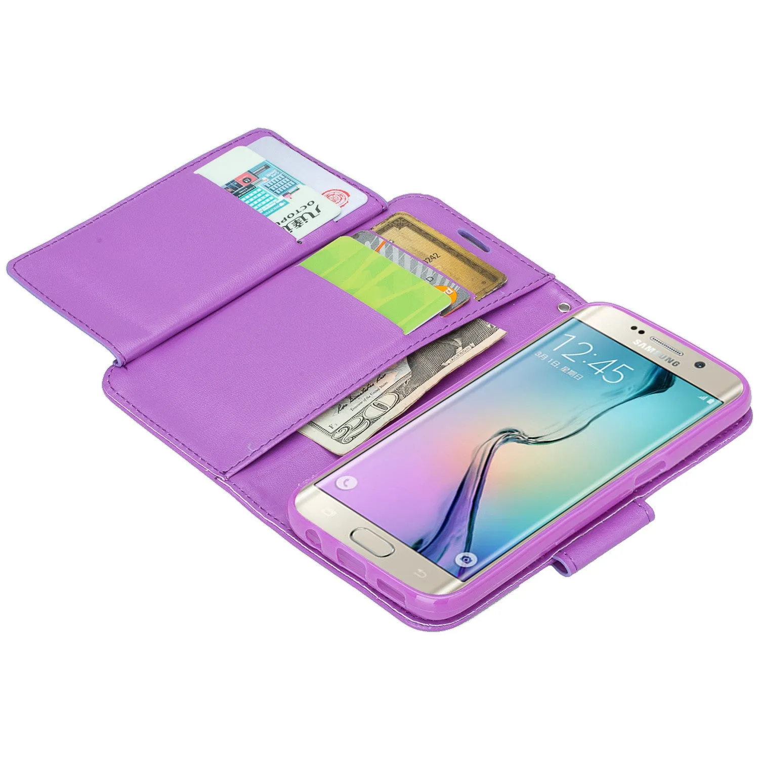 Galaxy S7 Case, Double Fold Wallet Case, Wrist Strap Flip Folio [Kickstand Feature] Pu Leather Wallet Case with ID & Credit Card Slot For Galaxy S7 - Purple