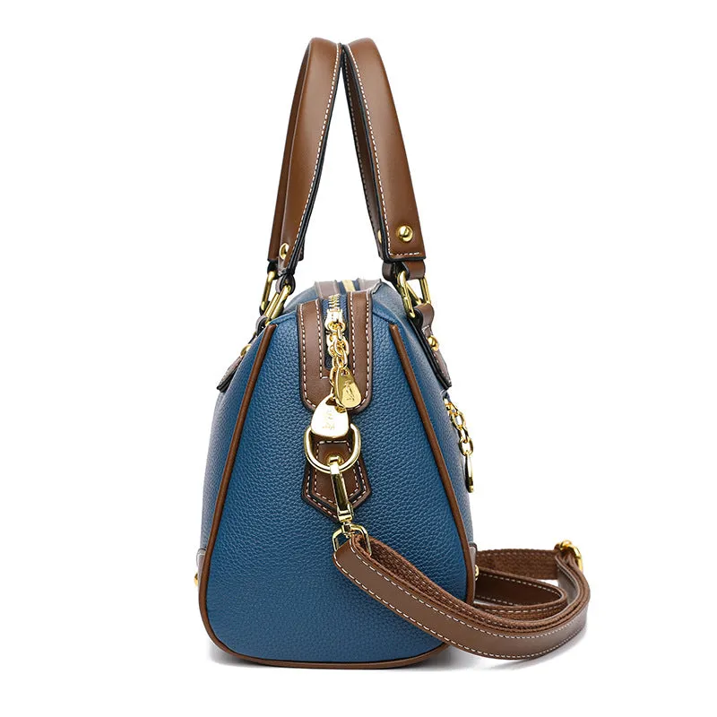 Genuine leather handbag women's new large capacity contrasting color middle-aged mother's bag temperament soft leather shoulder fashion versatile bag