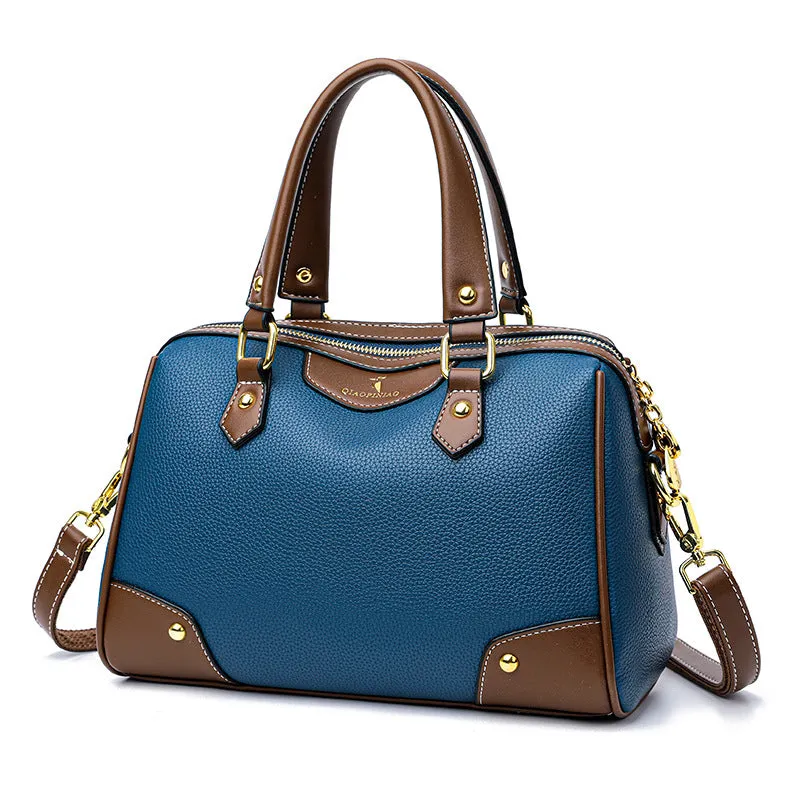 Genuine leather handbag women's new large capacity contrasting color middle-aged mother's bag temperament soft leather shoulder fashion versatile bag