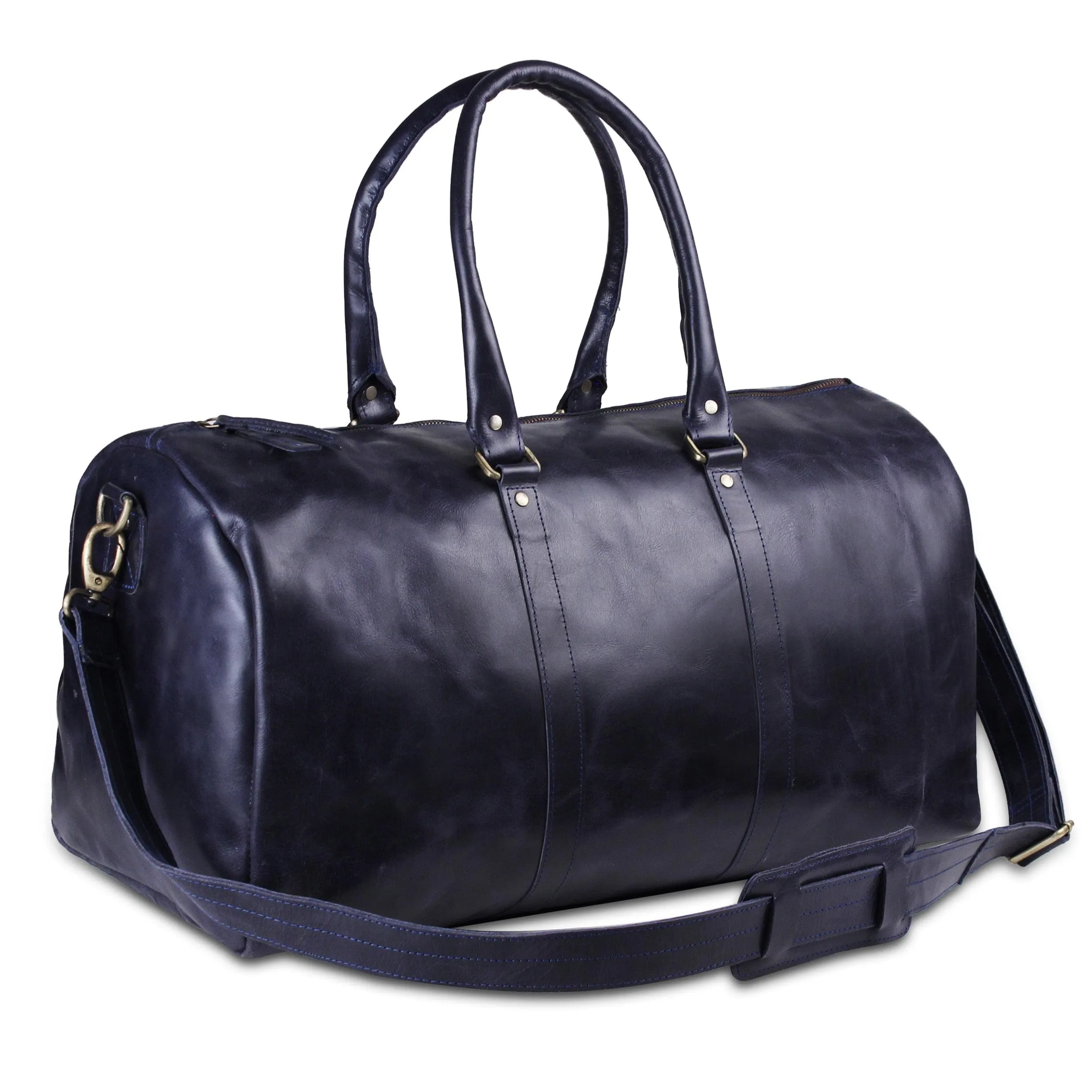 Genuine Leather Travel Weekender Duffle Bag- Dark Blue