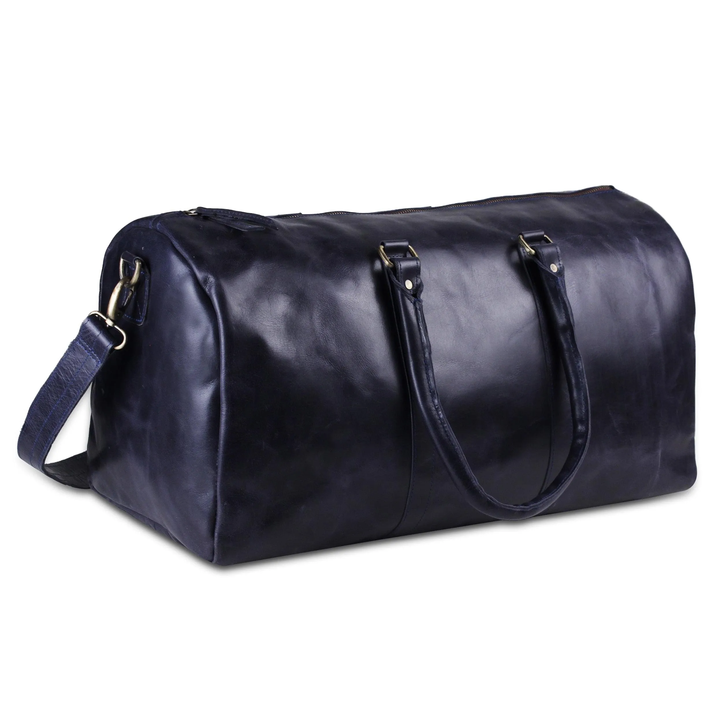 Genuine Leather Travel Weekender Duffle Bag- Dark Blue