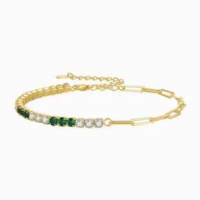 Green and White Cubic Zirconia Sterling Silver Paperclip Half Tennis Bracelet