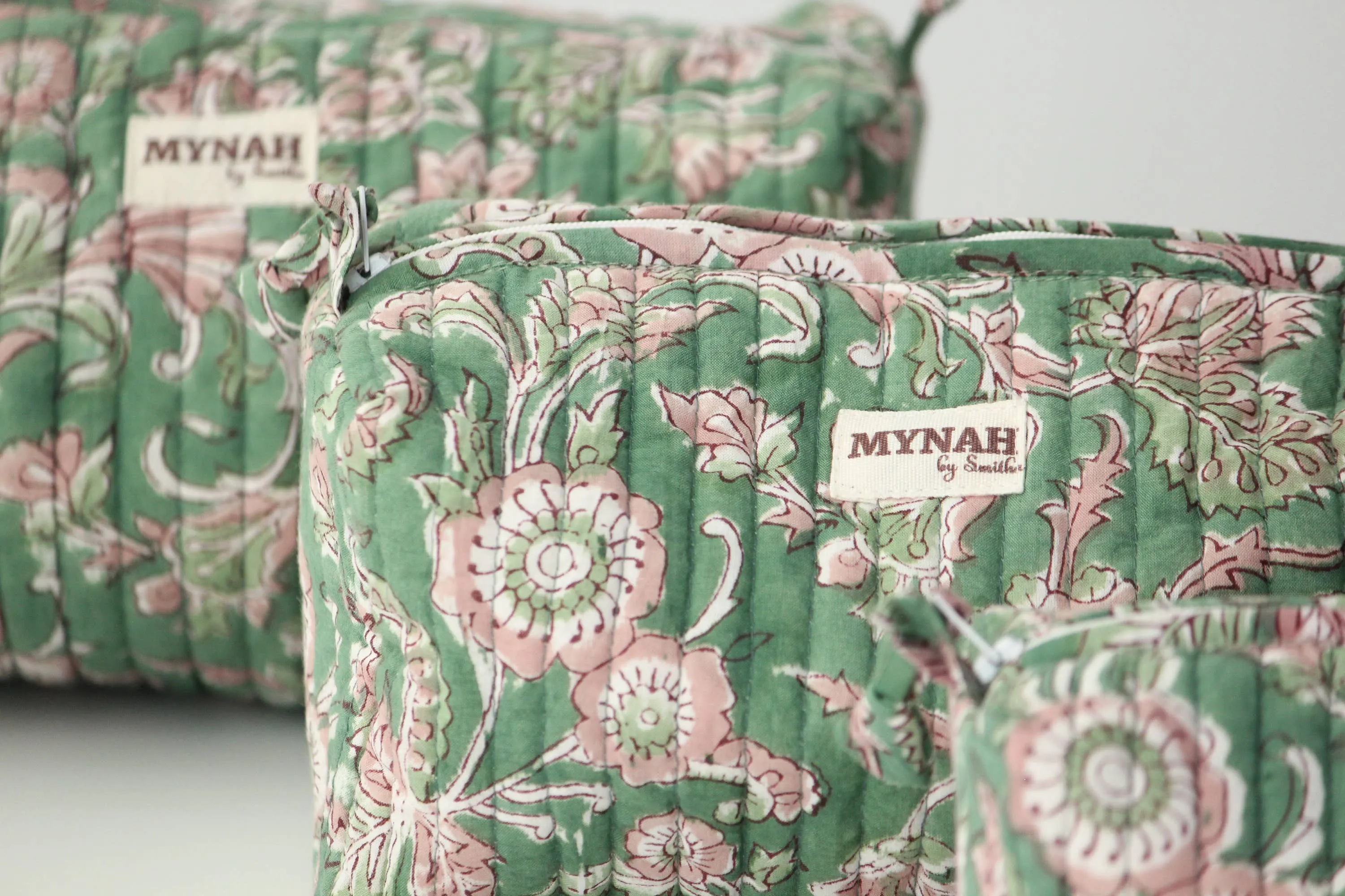 Green Floral Block Print Travel Cosmetic Bag