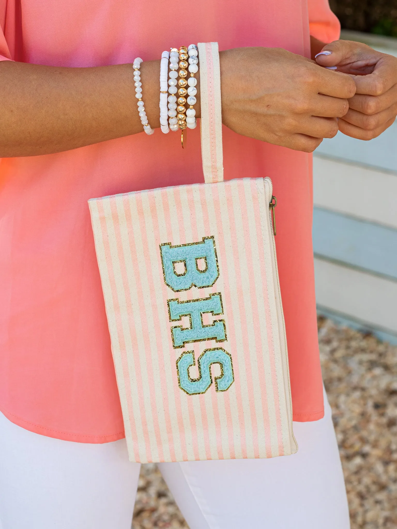 Just The Essentials Varsity Letter Cosmetic Bag- Rose Gold