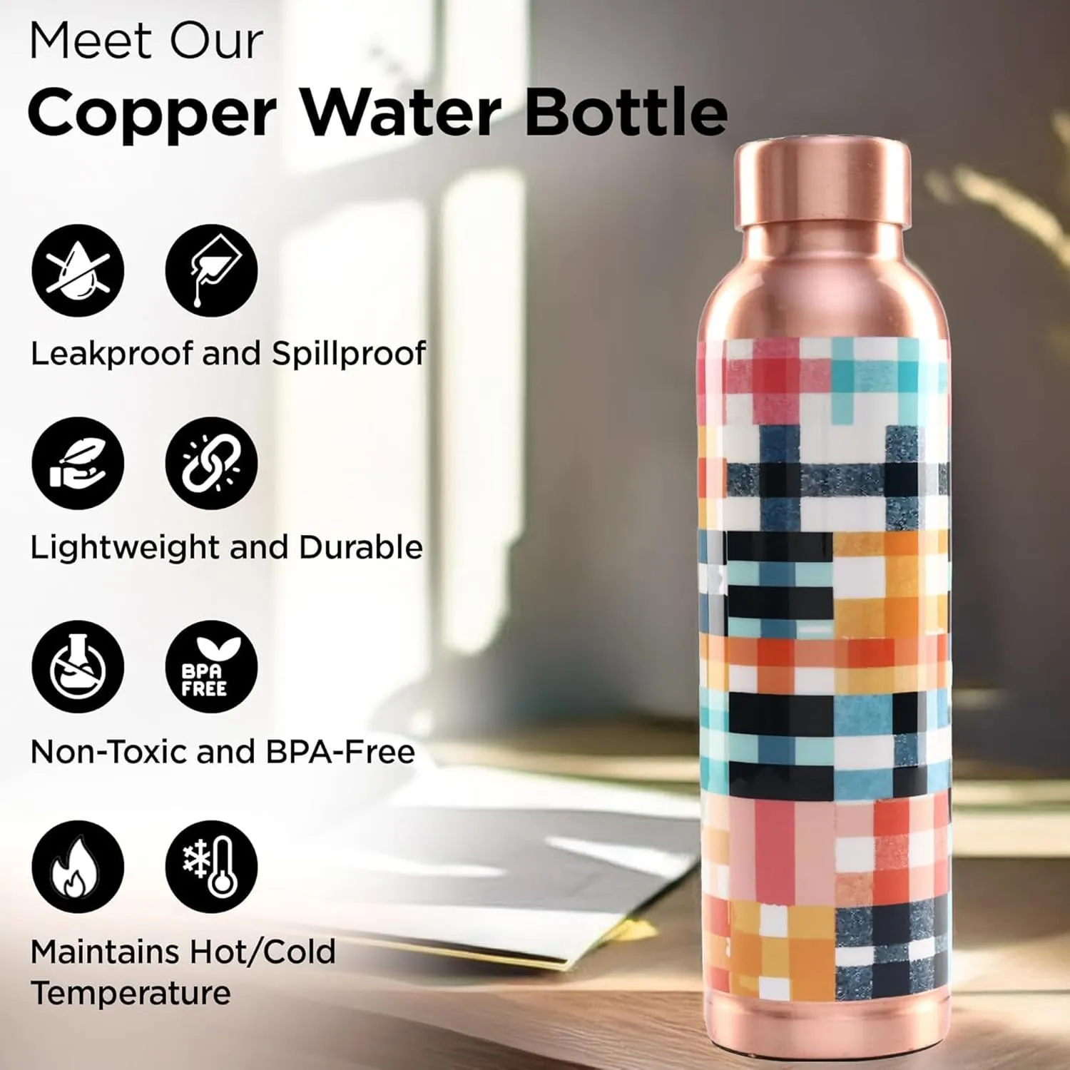 Kuber Industries Pack of 2 Copper Water Bottle - Eco-Friendly & Leakproof Detox Tamaba Bottle for Office/Gym/Yoga/College, Men & Women-950ml | Colorful