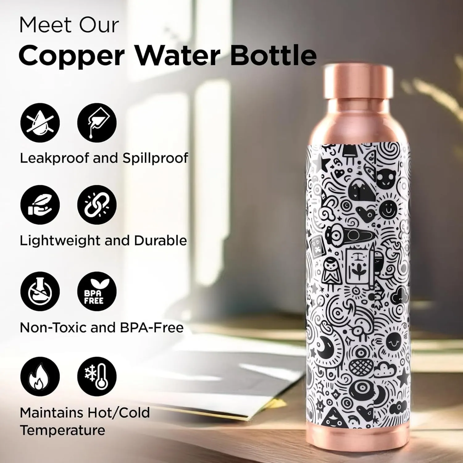 Kuber Industries Pack of 3 Copper Water Bottle - Non-Toxic & Leakproof Tamaba Bottle for Office/Gym/Yoga/College, Men & Women - 950ml | Black & White