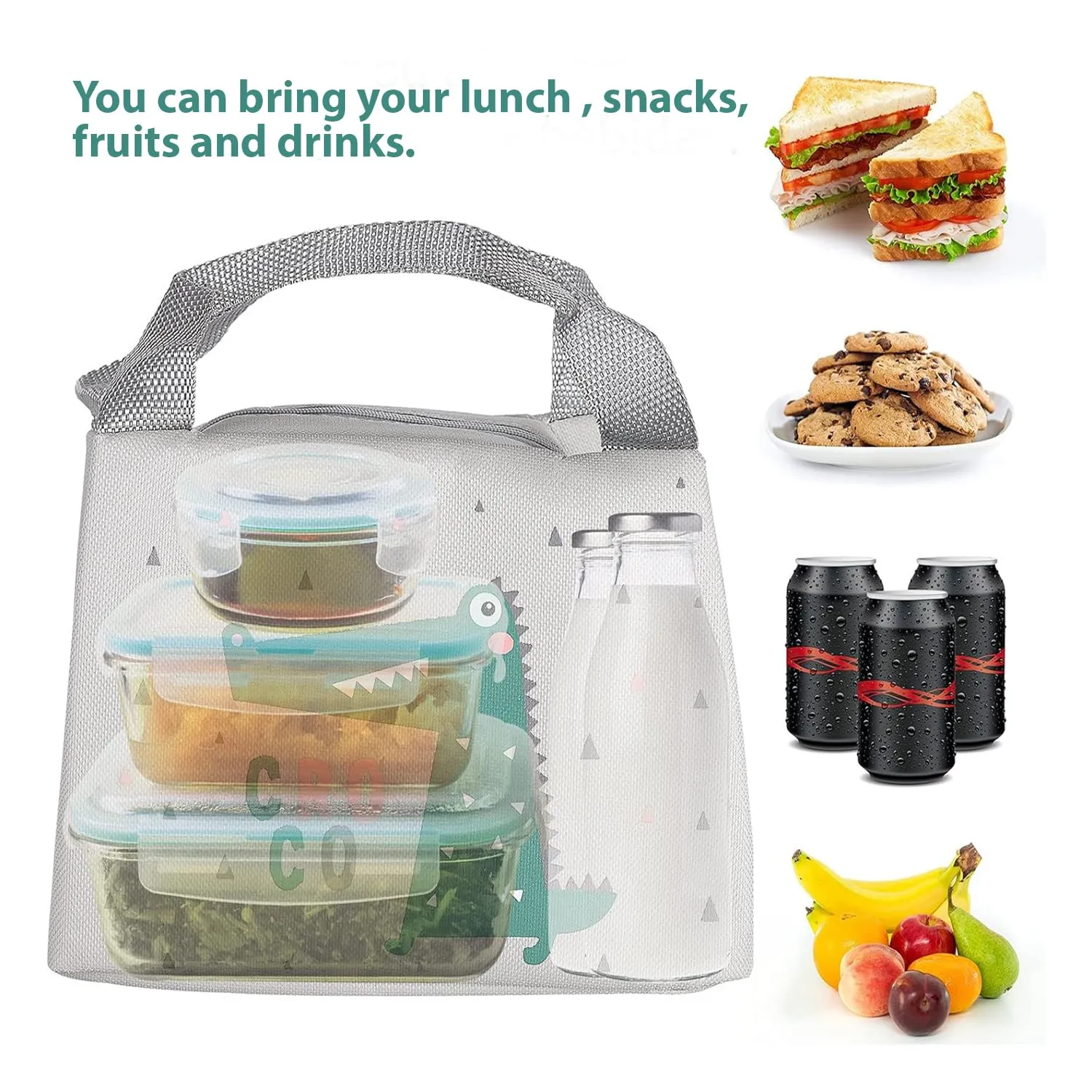 Kuber Industries Pack of 3 Lunch Bag | Lunch Bag for Office | Lunch Bag for College | Reusable Lunch Bag | Lunch Bag for Adults | Tiffin Lunch Bag with Handle | Printed | LYN04-WTE | White