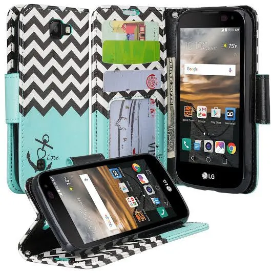 LG Optimus Zone 3 Cases | LG K4 Cases | LG Spree Cases | LG Rebel Cases, Wrist Strap Magnetic Flip Folio [Kickstand Feature] Pu Leather Wallet Case with ID & Credit Card Slot - Teal Anchor