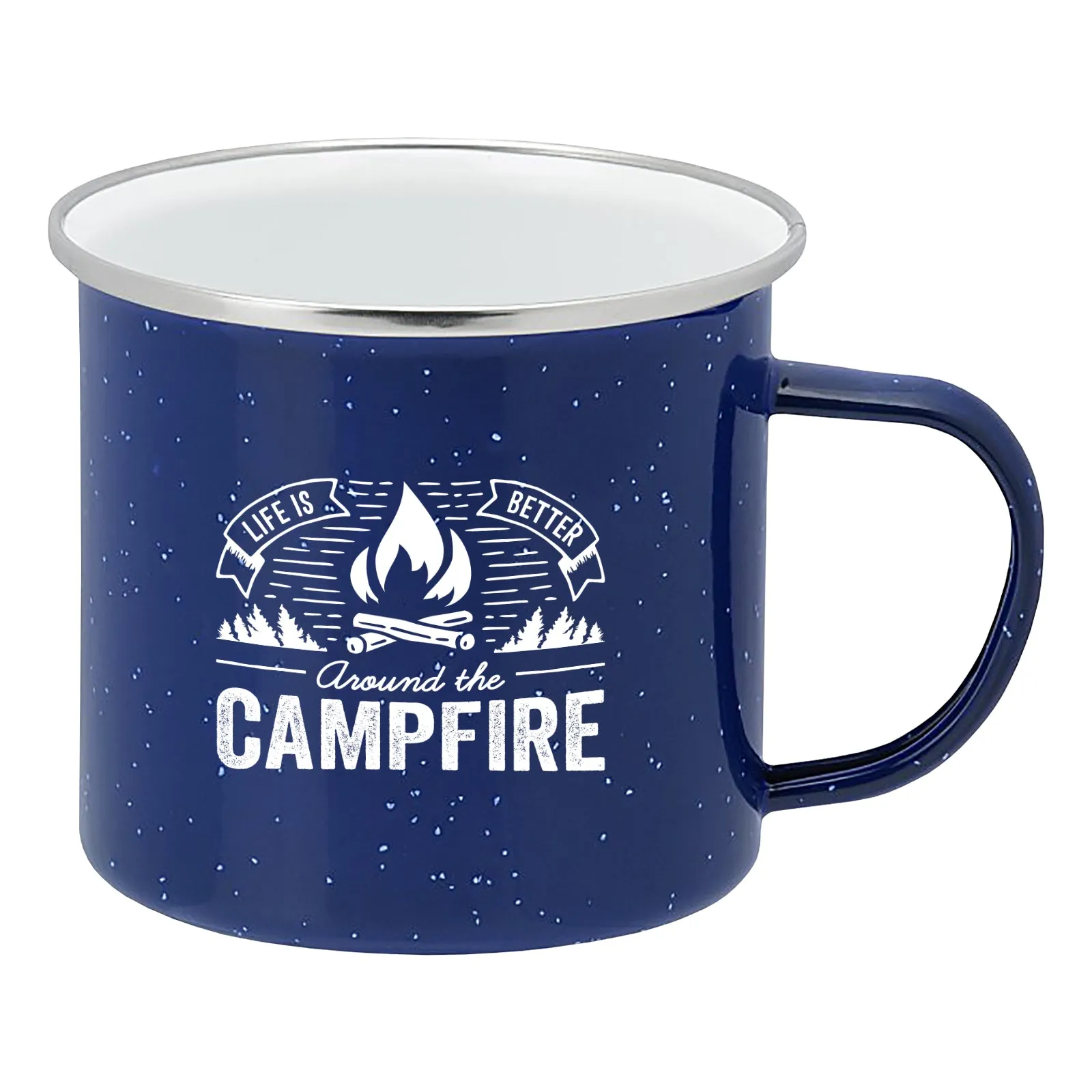 Life is Better Around the Campfire Tin Enamel Camping Coffee Mug (Navy Blue, 15 Ounce)