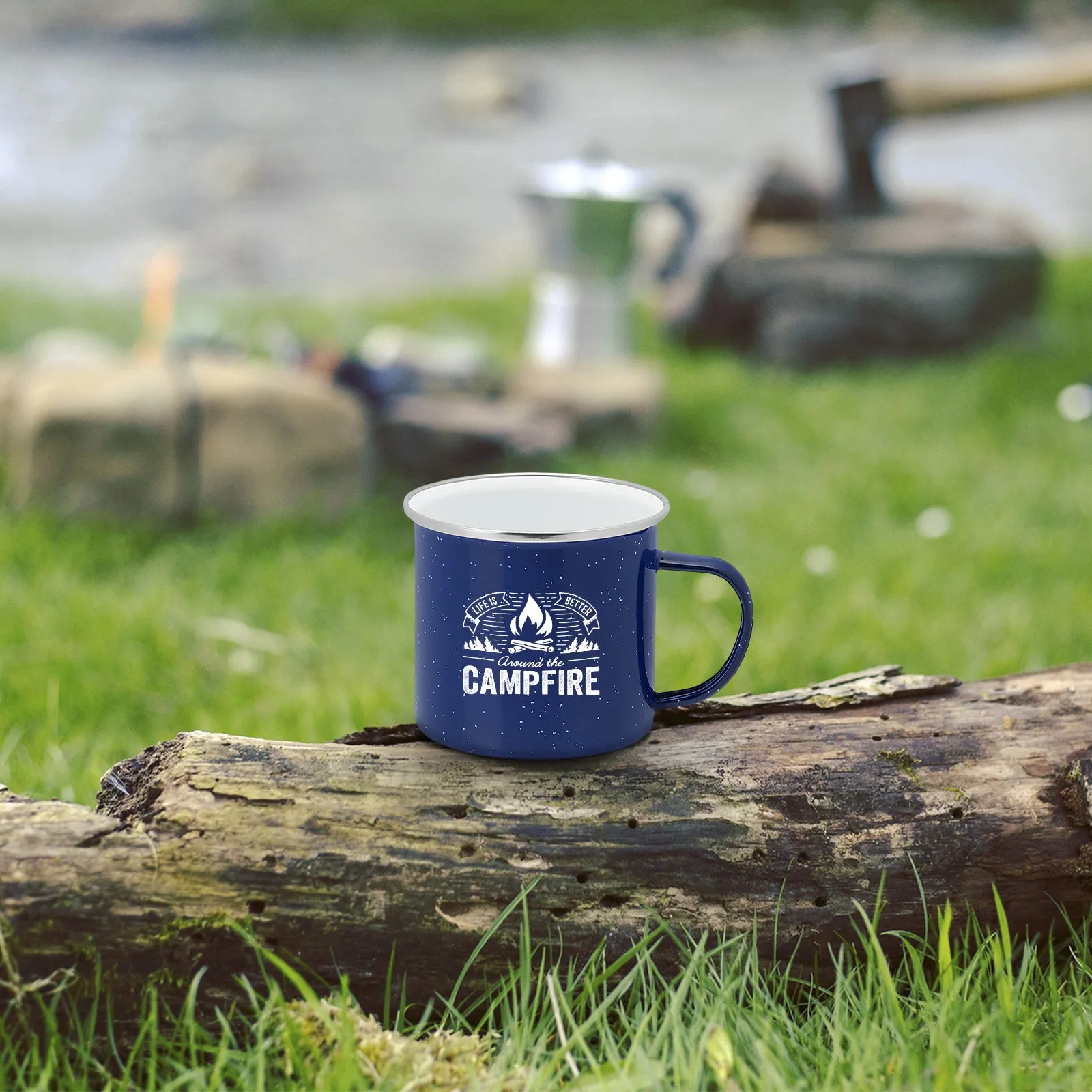 Life is Better Around the Campfire Tin Enamel Camping Coffee Mug (Navy Blue, 15 Ounce)