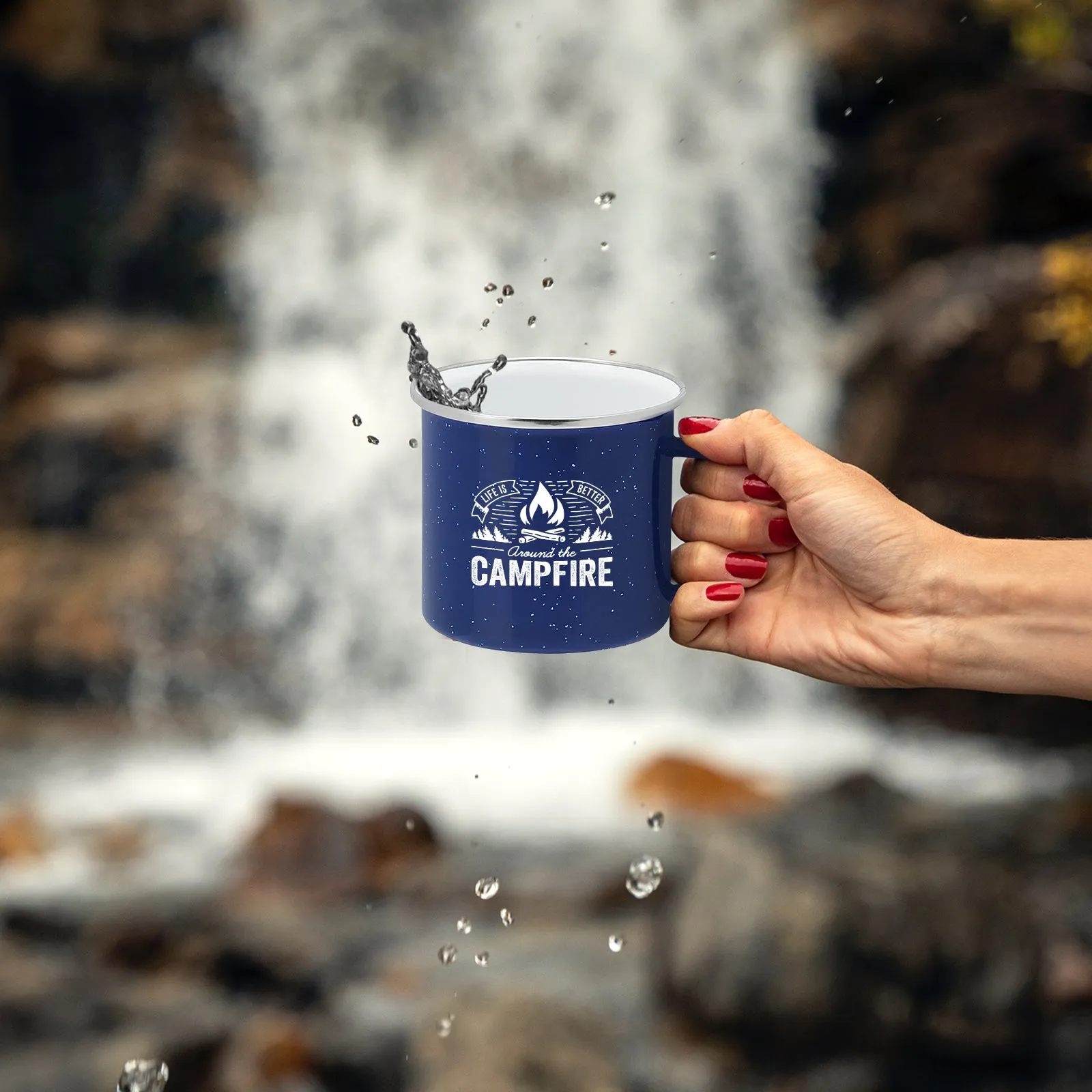 Life is Better Around the Campfire Tin Enamel Camping Coffee Mug (Navy Blue, 15 Ounce)