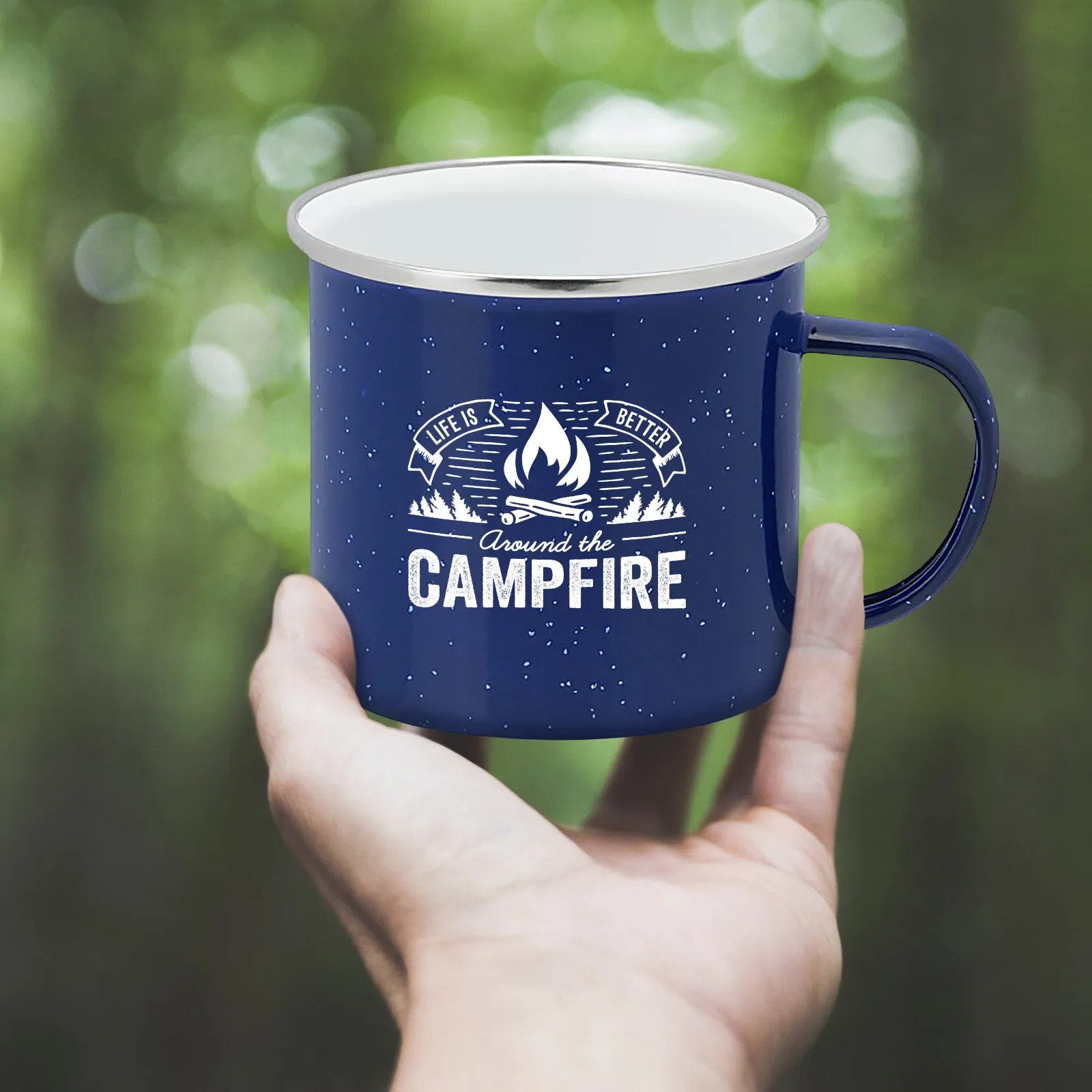 Life is Better Around the Campfire Tin Enamel Camping Coffee Mug (Navy Blue, 15 Ounce)