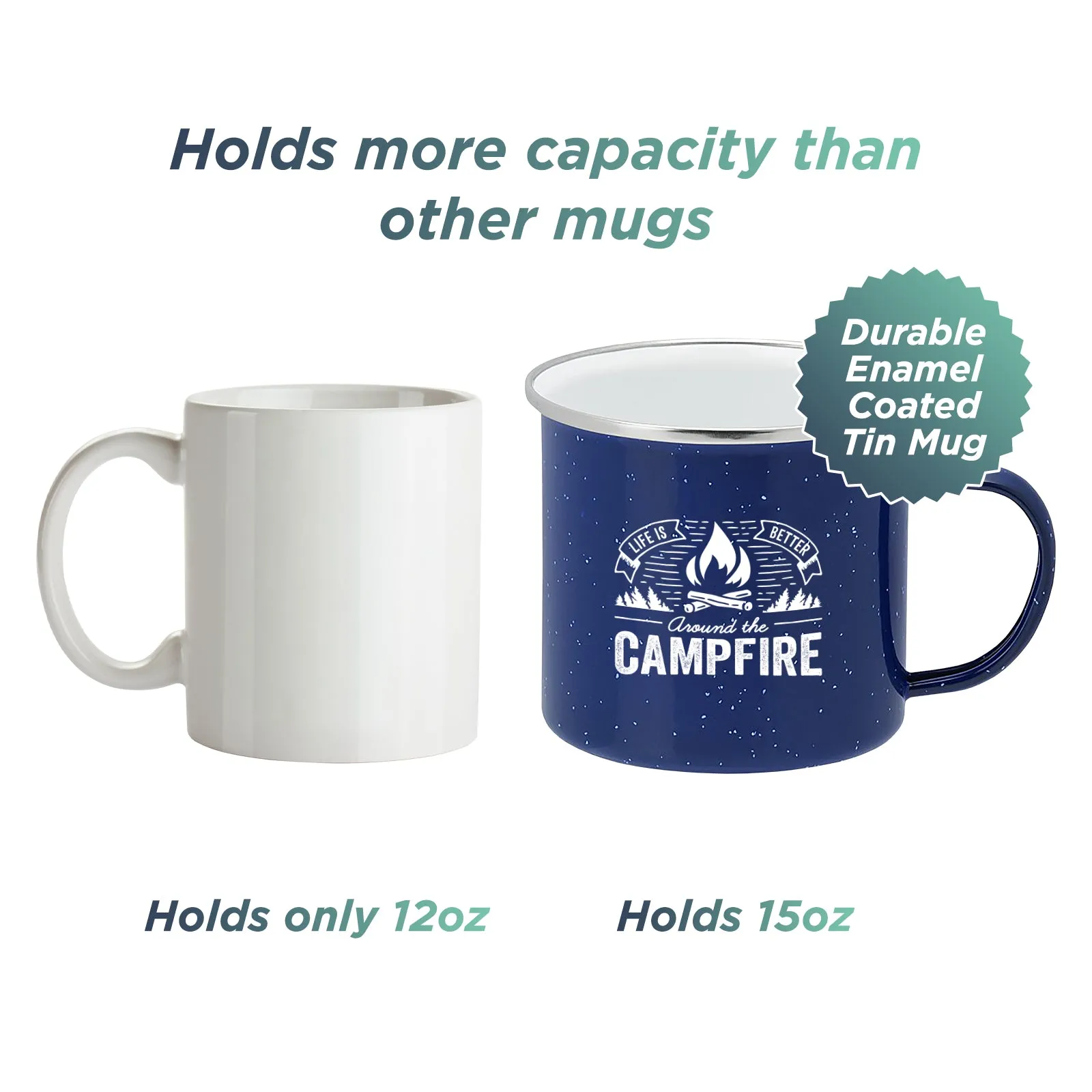 Life is Better Around the Campfire Tin Enamel Camping Coffee Mug (Navy Blue, 15 Ounce)