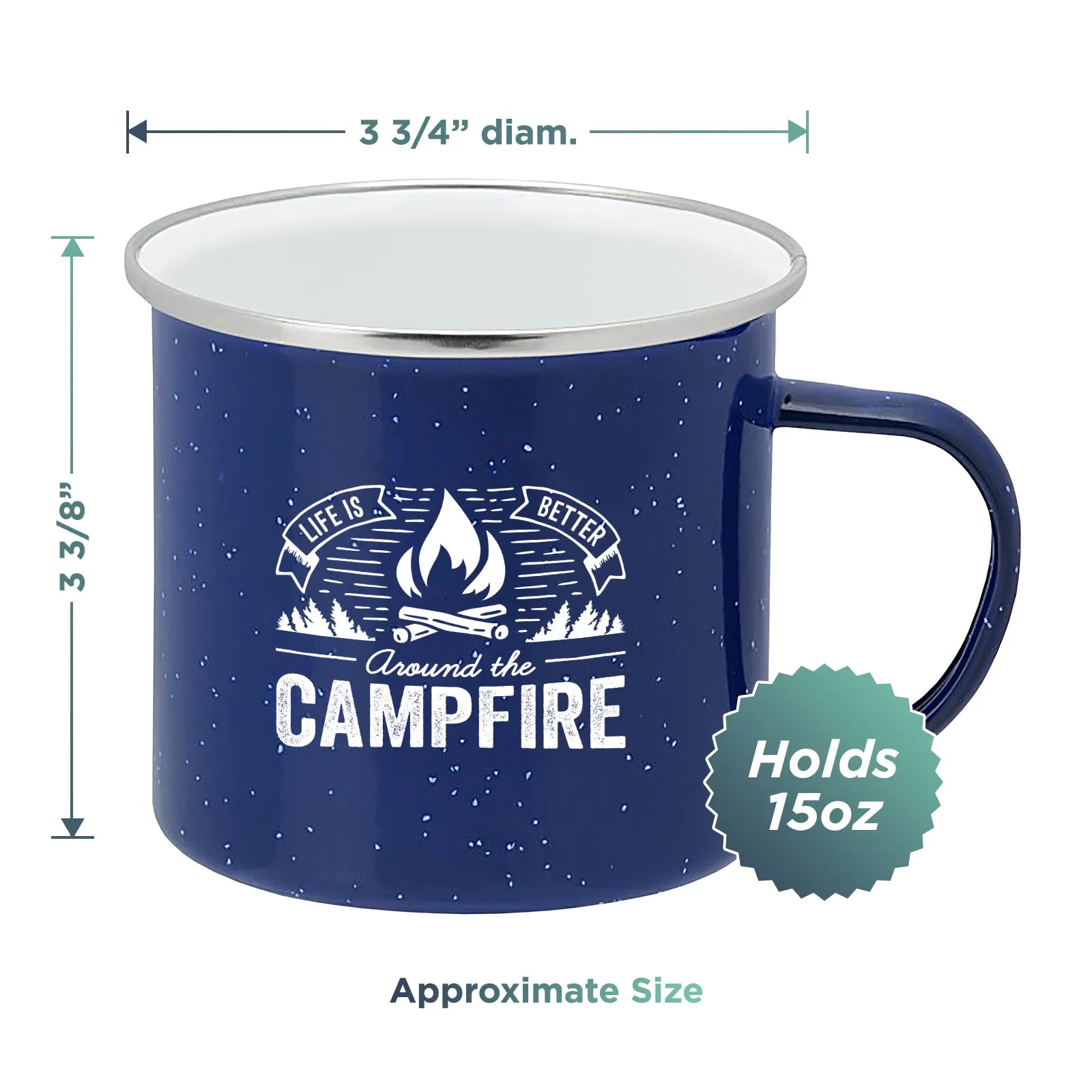 Life is Better Around the Campfire Tin Enamel Camping Coffee Mug (Navy Blue, 15 Ounce)