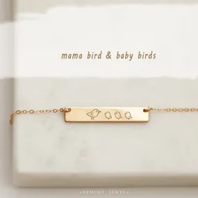 Mama Bird Baby Birds Bar Necklace, Customized Push Present, Gift For Mothers, Wife, Grandma, Unisex, Gold Filled, Silver • NBH30X5-06