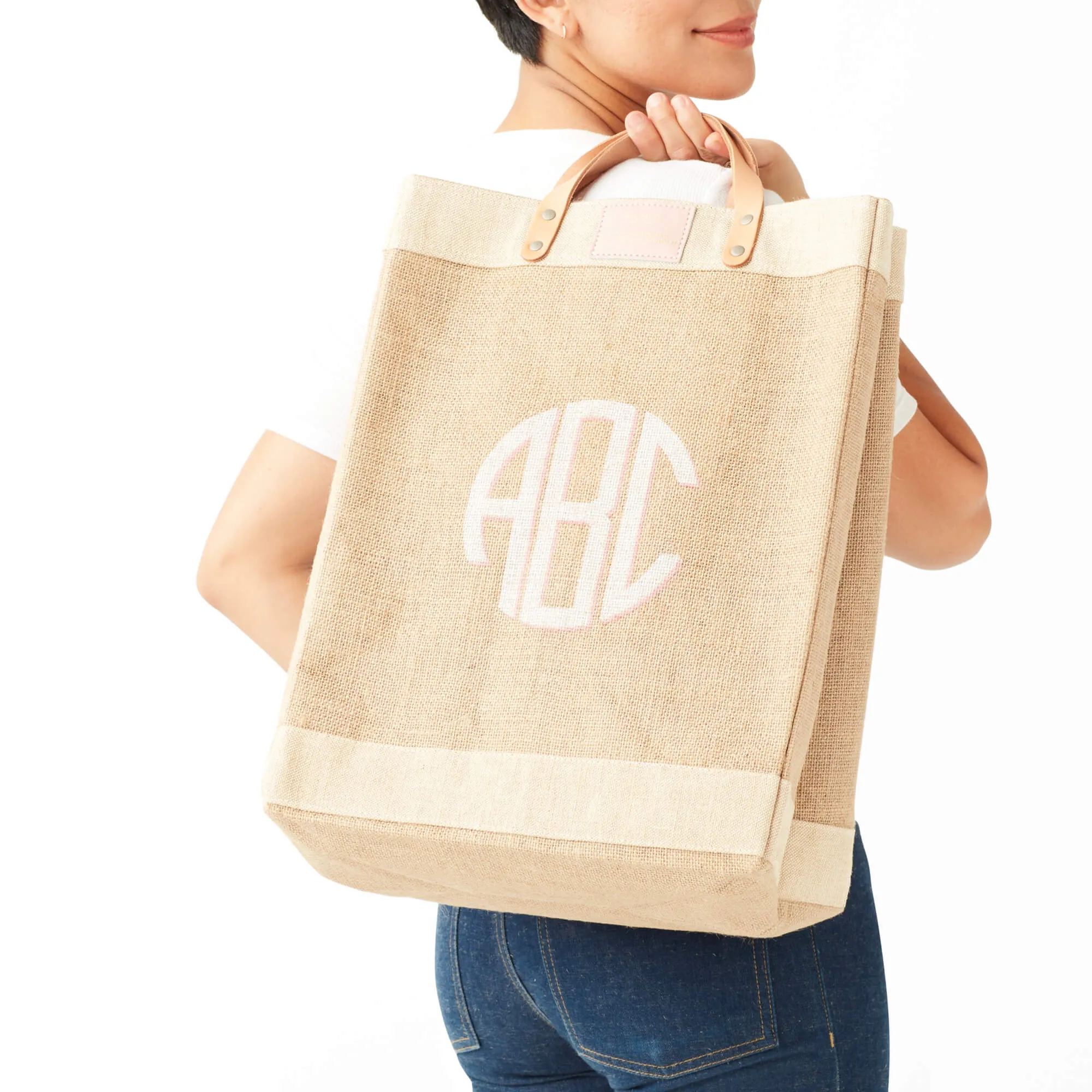 Market Bag in Natural with Pink Round Monogram