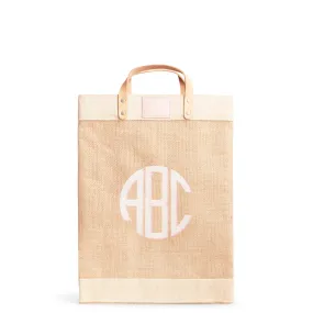 Market Bag in Natural with Pink Round Monogram