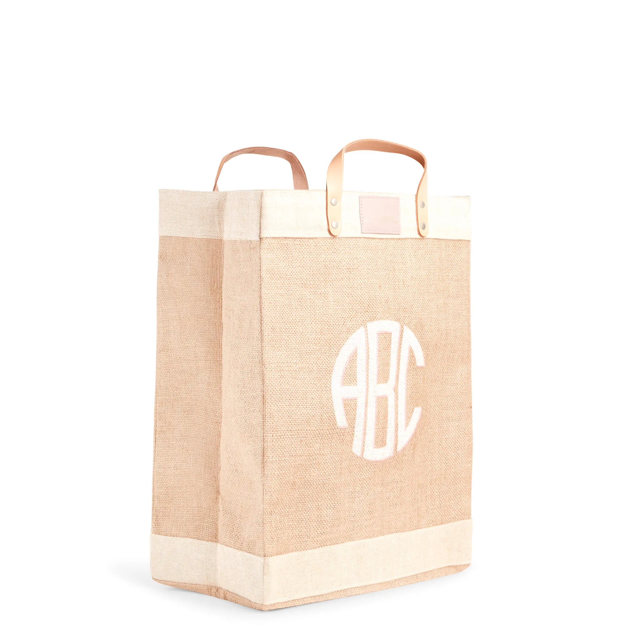 Market Bag in Natural with Pink Round Monogram