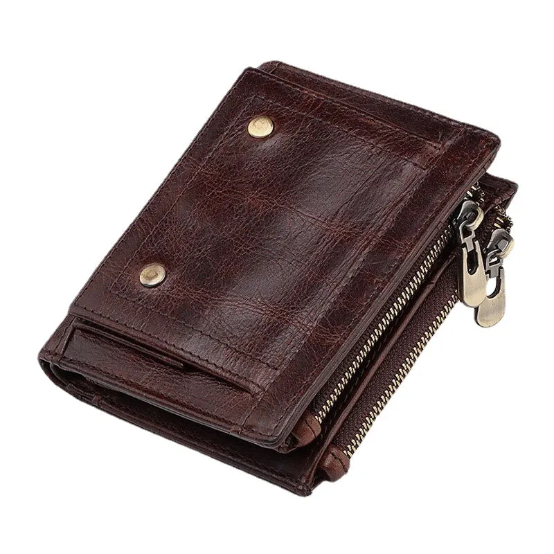 Men Genuine Leather RFID Anti-theft Double Zipper Retro Business Multi Card Slot Holder Wallet