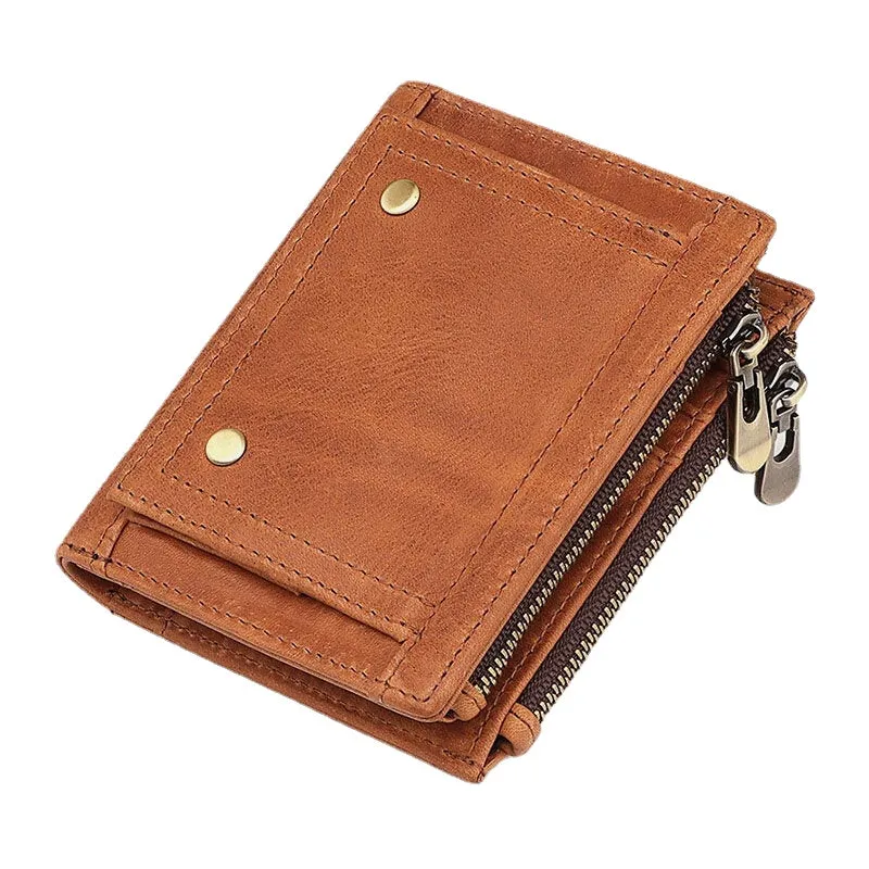 Men Genuine Leather RFID Anti-theft Double Zipper Retro Business Multi Card Slot Holder Wallet