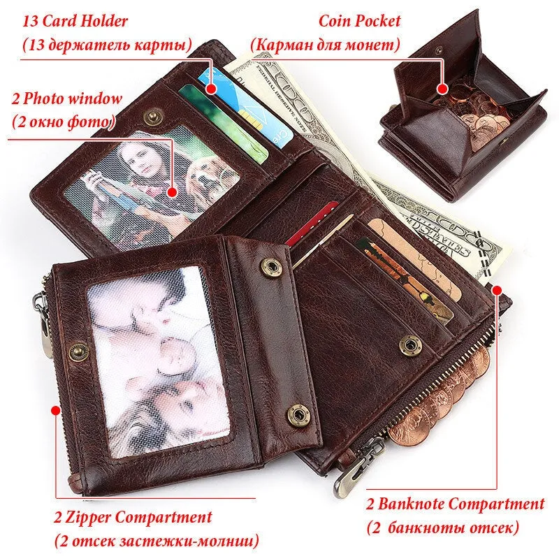 Men Genuine Leather RFID Anti-theft Double Zipper Retro Business Multi Card Slot Holder Wallet