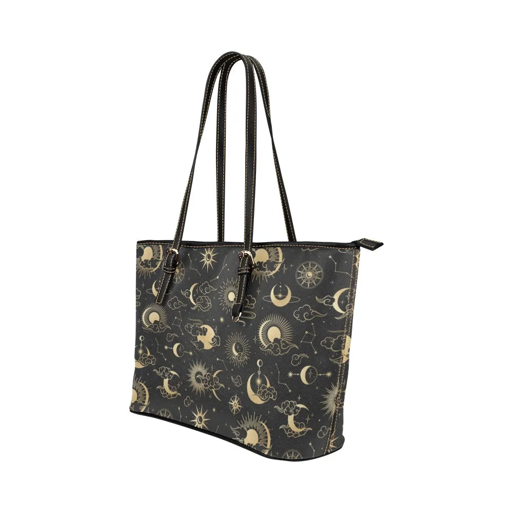 Moon Stars Sun Tote Bag Purse, Galaxy Space Print Handbag High Grade Leather Zip on Top Designer Handmade Shoulder Bag For Women