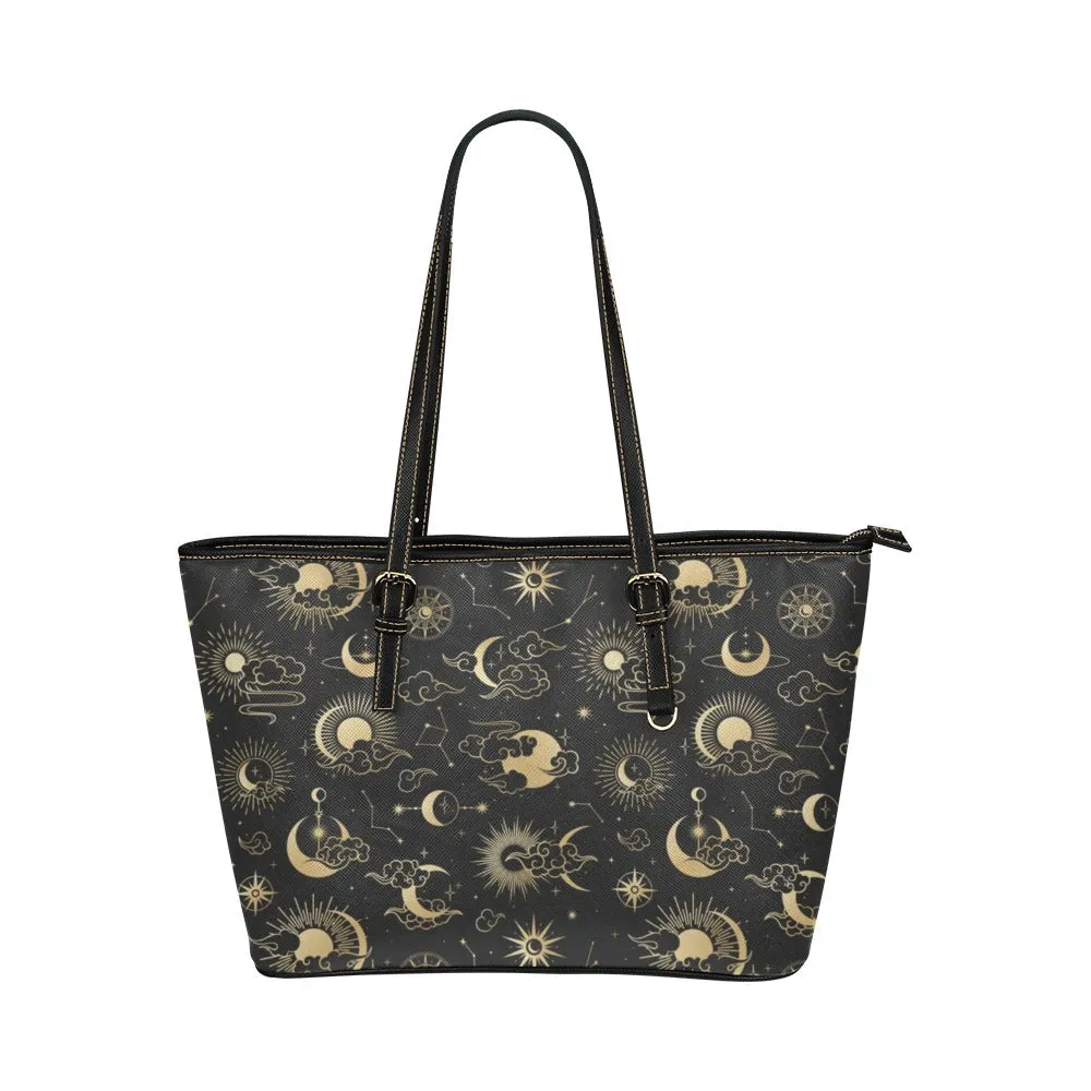 Moon Stars Sun Tote Bag Purse, Galaxy Space Print Handbag High Grade Leather Zip on Top Designer Handmade Shoulder Bag For Women