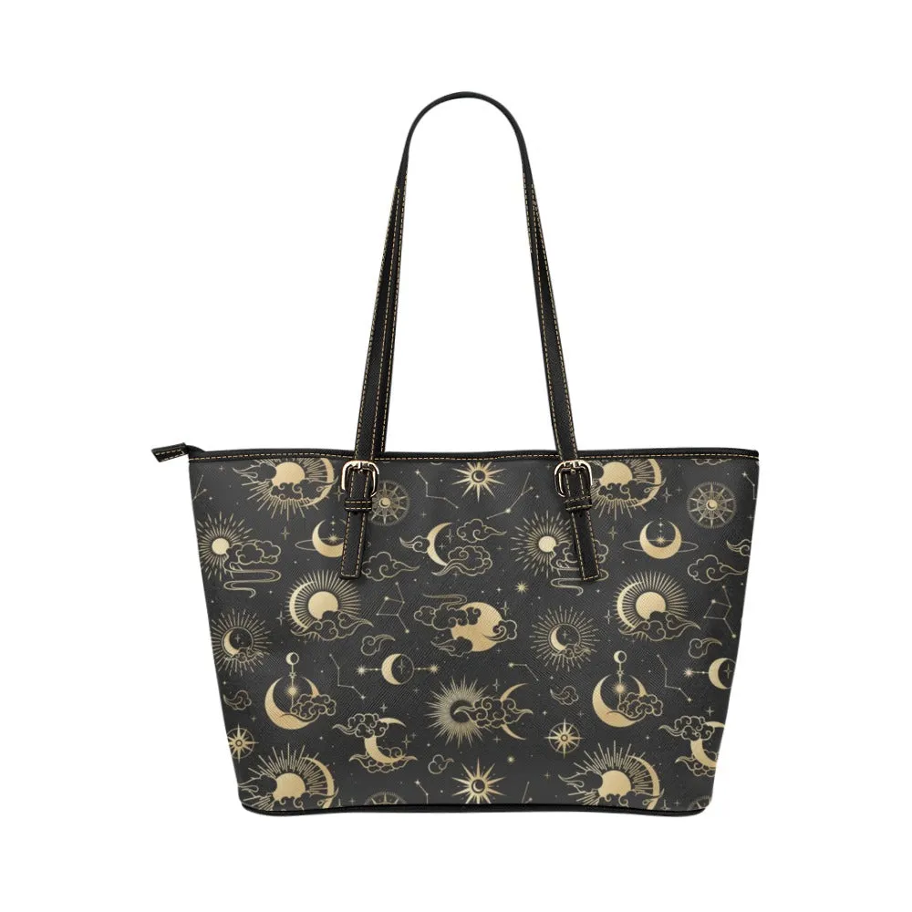 Moon Stars Sun Tote Bag Purse, Galaxy Space Print Handbag High Grade Leather Zip on Top Designer Handmade Shoulder Bag For Women