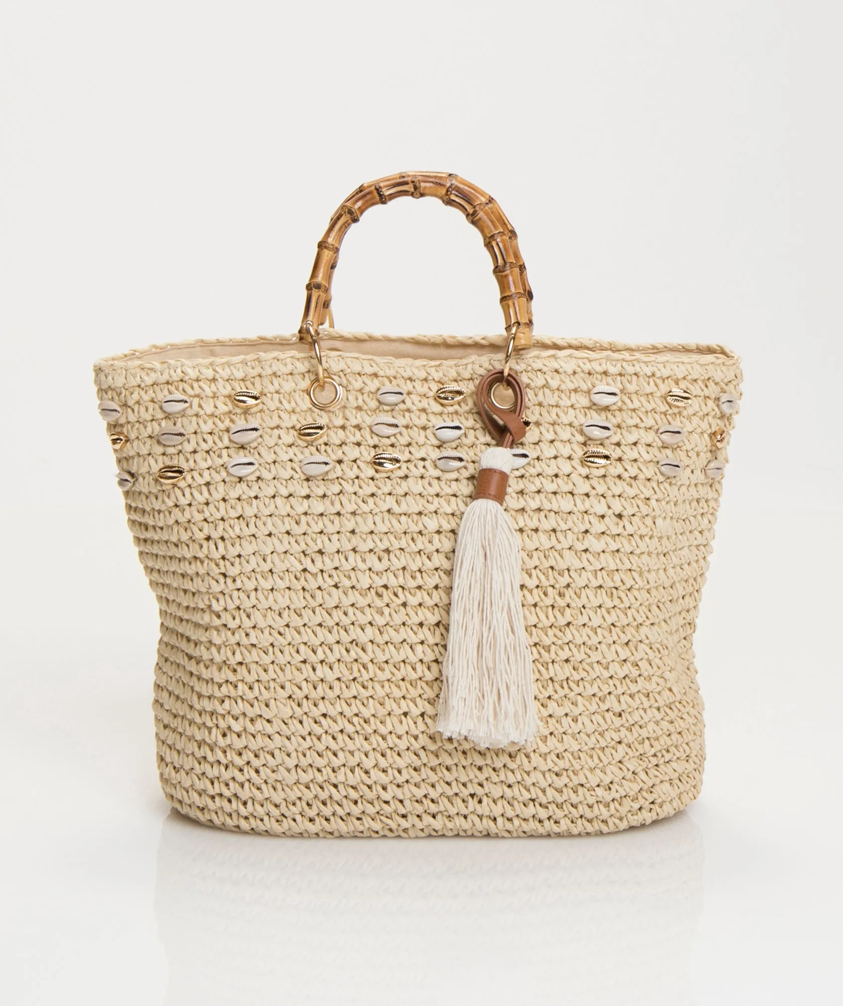 Natural Straw Tote Bag with Sea Shell Embellishments