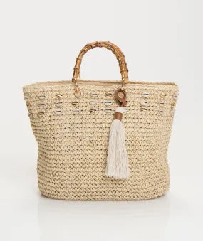 Natural Straw Tote Bag with Sea Shell Embellishments