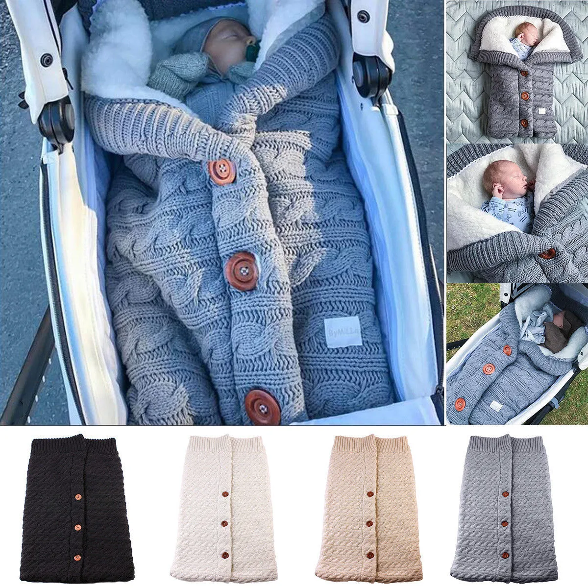 Newborn Baby Winter Warm Sleeping Bags Infant Button Knit Swaddle Wrap