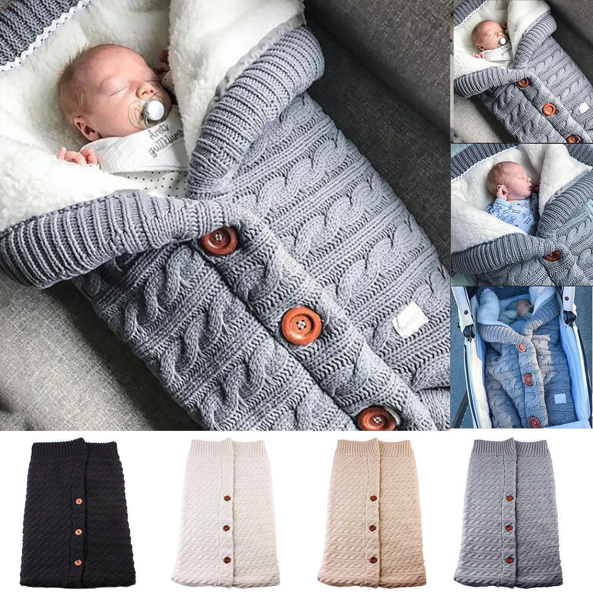 Newborn Baby Winter Warm Sleeping Bags Infant Button Knit Swaddle Wrap