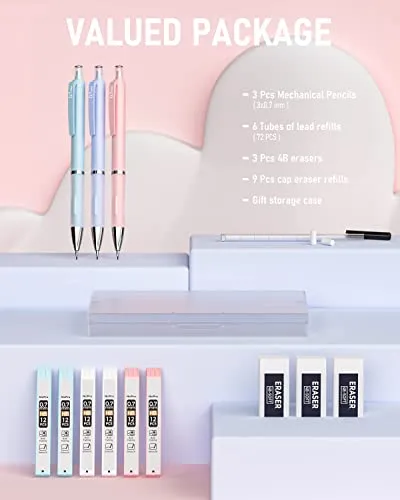 Nicpro 3PCS Pastel Mechanical Pencil Set, Cute Mechanical Pencils 0.7 mm with 6 Tubes HB Lead, 3PCS Eraser & 9PCS Eraser Refill, Aesthetic School Supplies for Writing, Sketching, Drafting-With Case