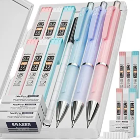 Nicpro 3PCS Pastel Mechanical Pencil Set, Cute Mechanical Pencils 0.7 mm with 6 Tubes HB Lead, 3PCS Eraser & 9PCS Eraser Refill, Aesthetic School Supplies for Writing, Sketching, Drafting-With Case