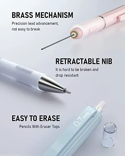 Nicpro 3PCS Pastel Mechanical Pencil Set, Cute Mechanical Pencils 0.7 mm with 6 Tubes HB Lead, 3PCS Eraser & 9PCS Eraser Refill, Aesthetic School Supplies for Writing, Sketching, Drafting-With Case