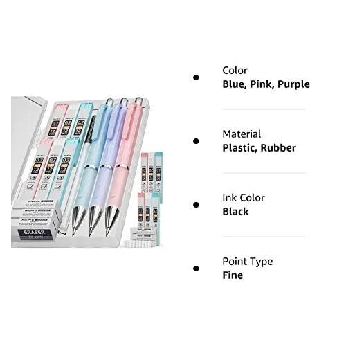 Nicpro 3PCS Pastel Mechanical Pencil Set, Cute Mechanical Pencils 0.7 mm with 6 Tubes HB Lead, 3PCS Eraser & 9PCS Eraser Refill, Aesthetic School Supplies for Writing, Sketching, Drafting-With Case