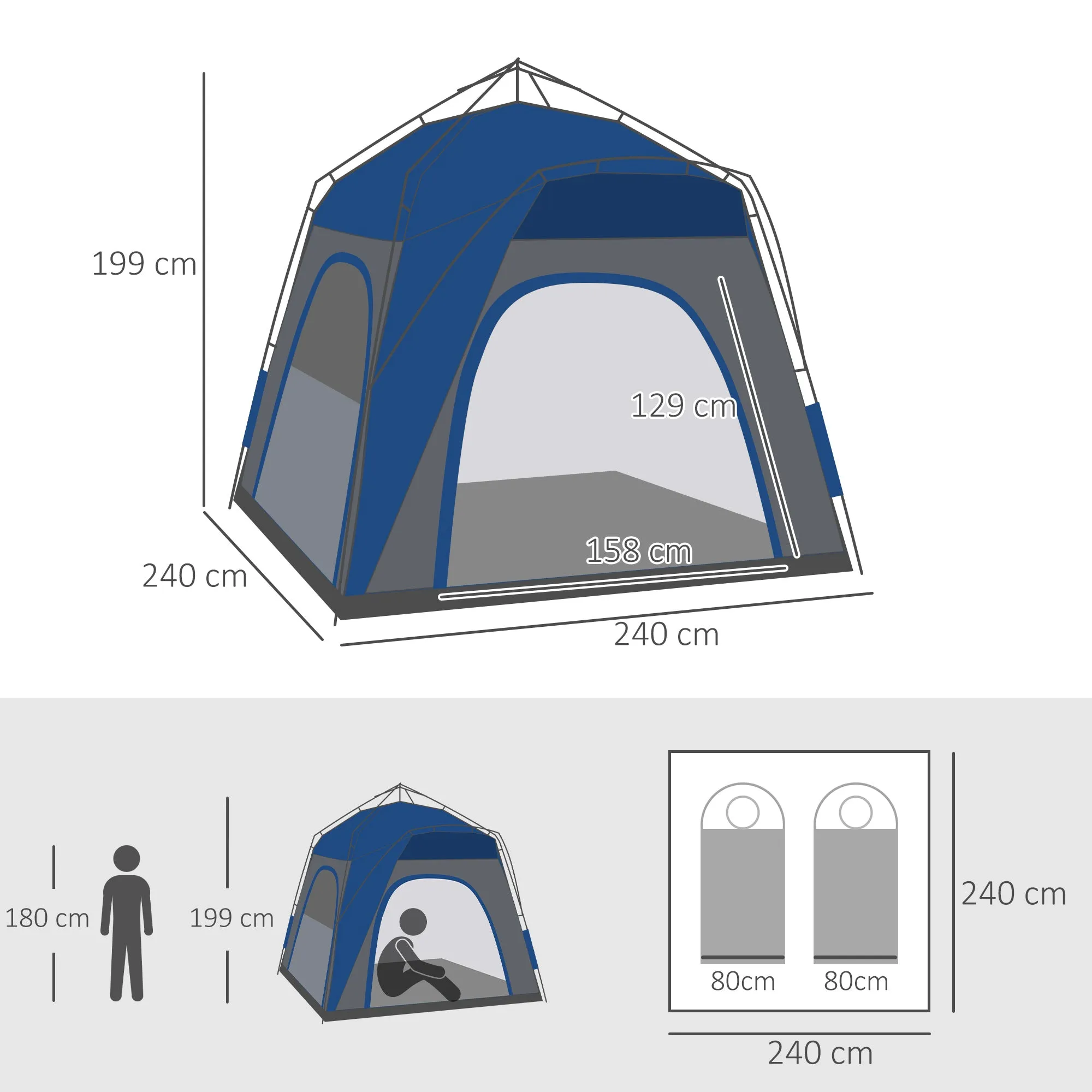 Outsunny Four Man Pop Up Tent Automatic Camping Backpacking Dome Shelter, Grey