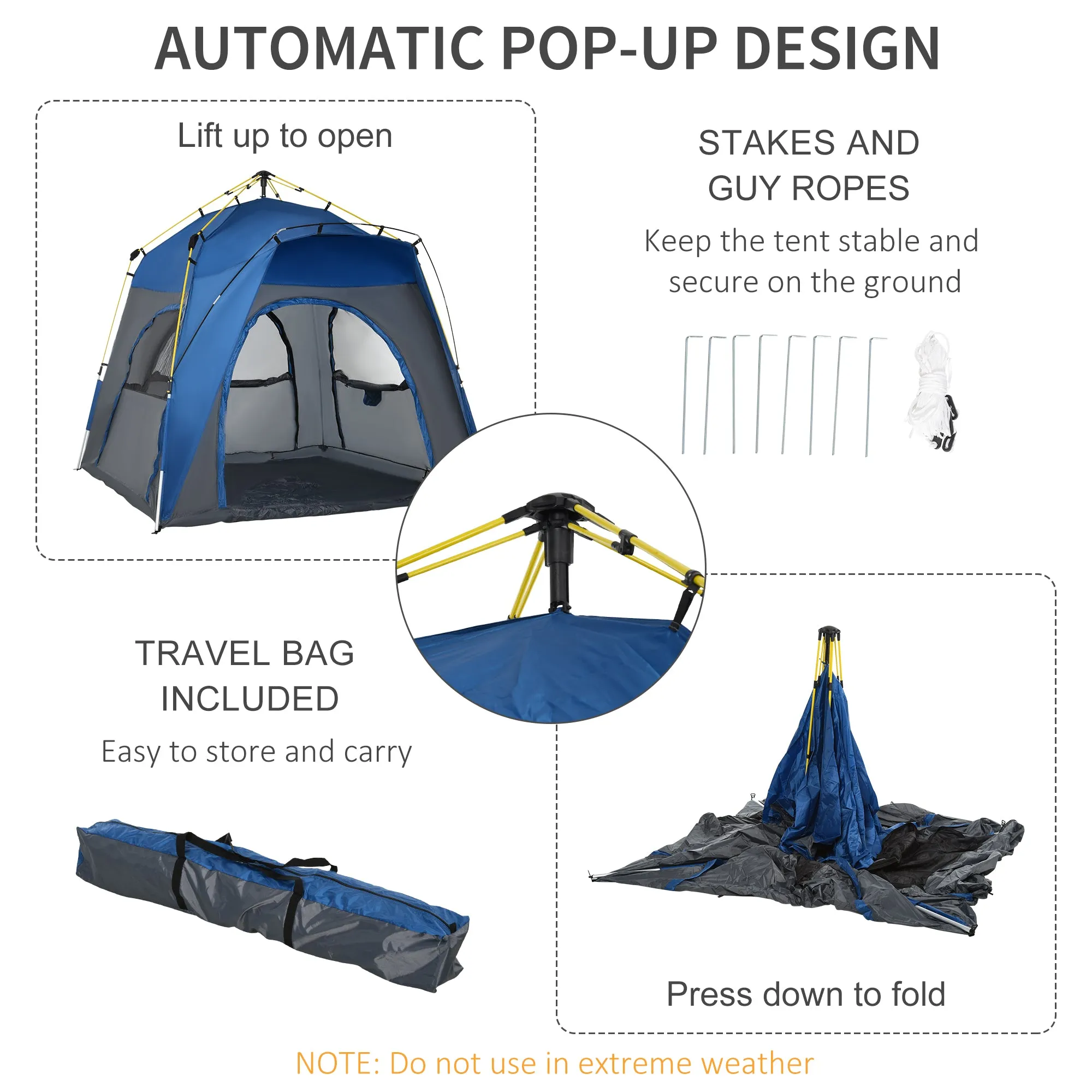 Outsunny Four Man Pop Up Tent Automatic Camping Backpacking Dome Shelter, Grey