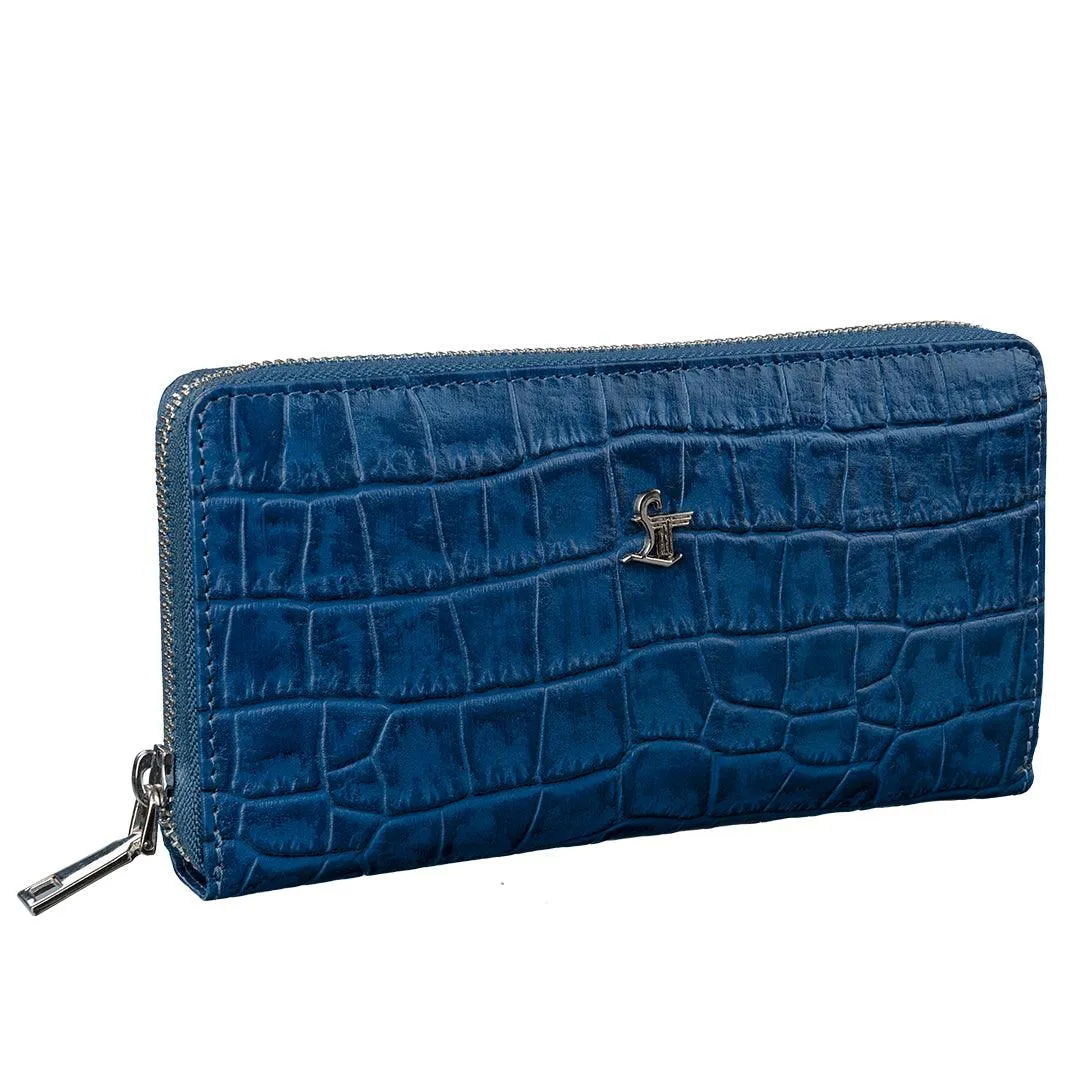 Palm II | Croco Leather Wallet for Women | 100% Genuine Leather | Color: Blue & Black