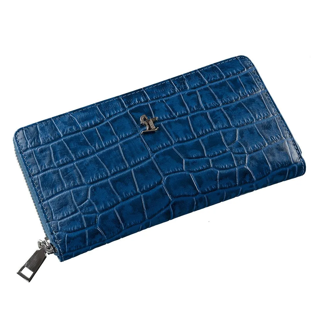 Palm II | Croco Leather Wallet for Women | 100% Genuine Leather | Color: Blue & Black