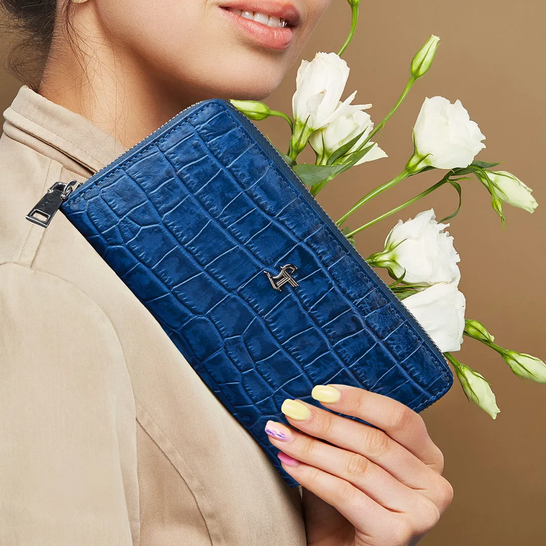 Palm II | Croco Leather Wallet for Women | 100% Genuine Leather | Color: Blue & Black