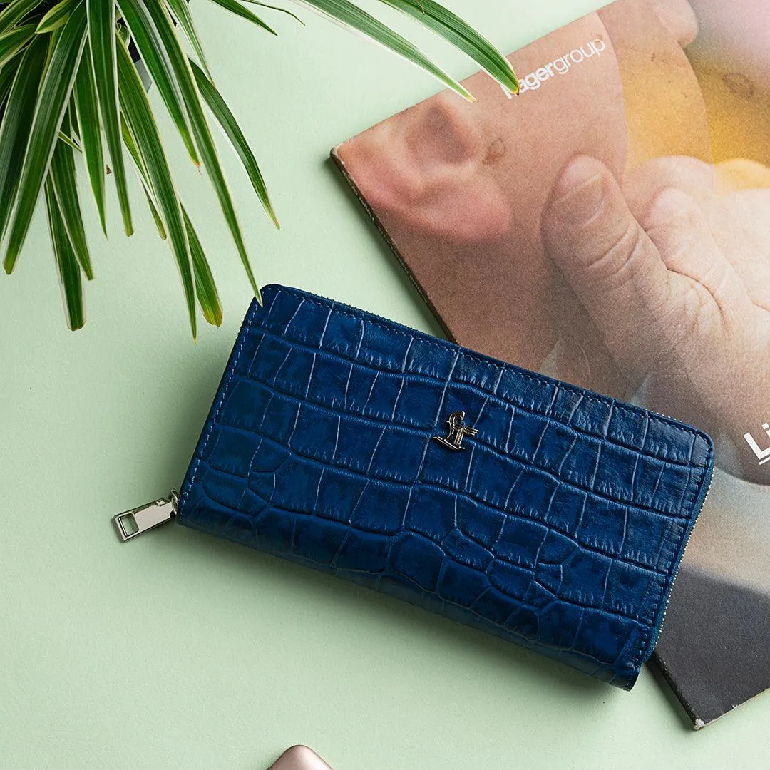 Palm II | Croco Leather Wallet for Women | 100% Genuine Leather | Color: Blue & Black