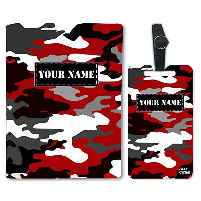 Personalized Passport Cover Baggage Tag Set -Black Red Camouflage