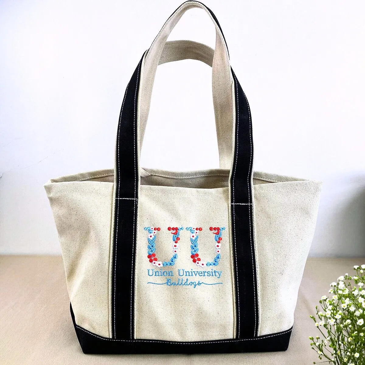 Personalized University Tote Bag with Custom Embroidered Floral Text- Unique College Gift Idea