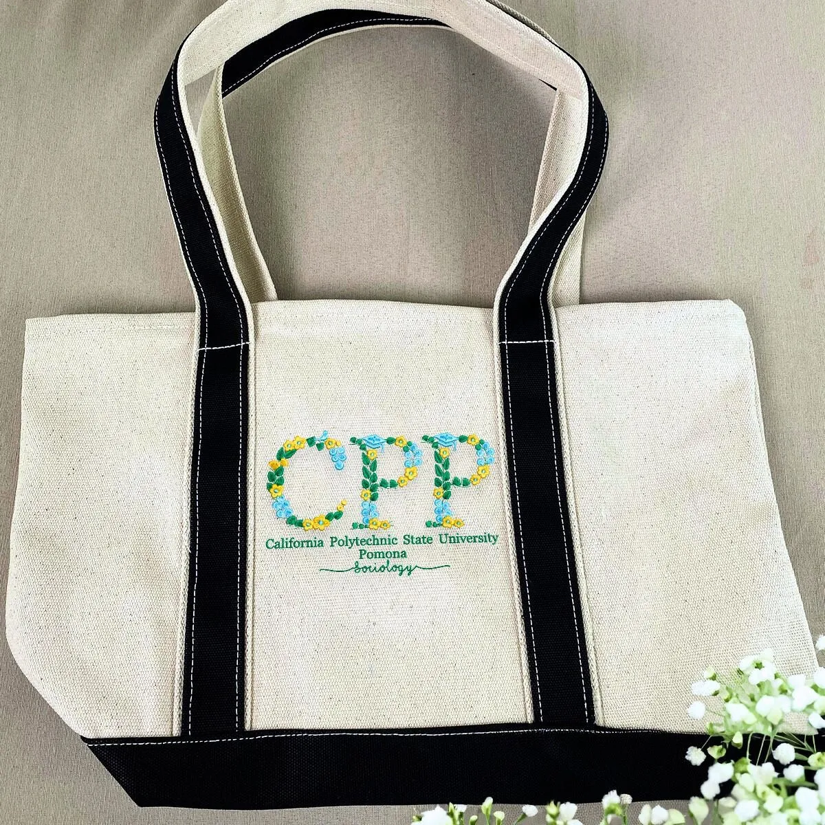 Personalized University Tote Bag with Custom Embroidered Floral Text- Unique College Gift Idea