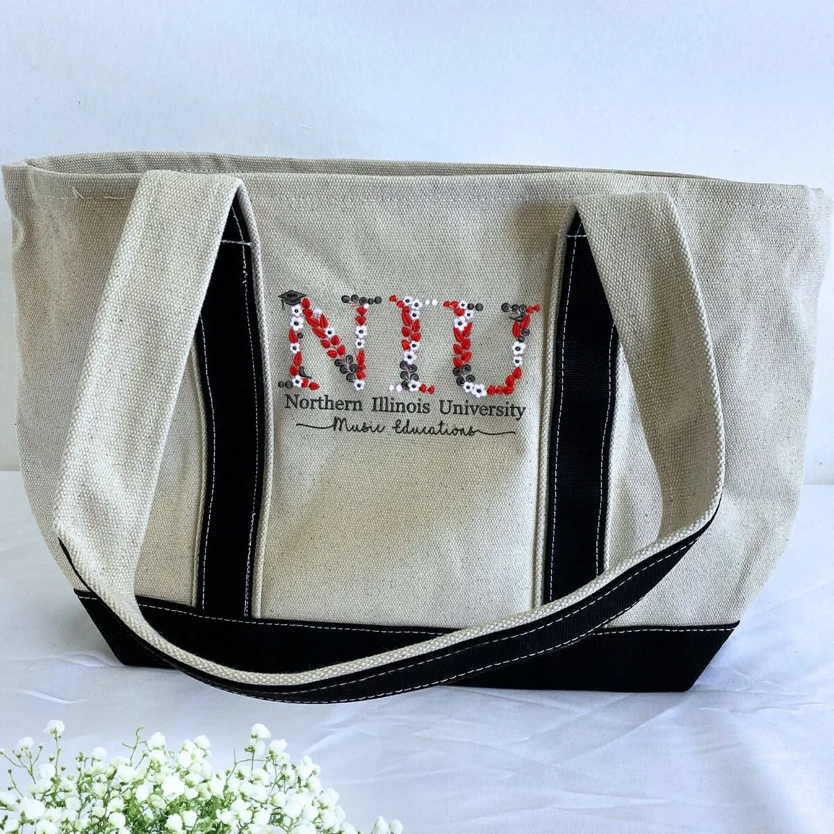 Personalized University Tote Bag with Custom Embroidered Floral Text- Unique College Gift Idea