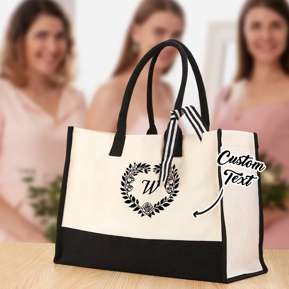 Personalized Wreath Initial Canvas Tote Bag Large Capacity Tote Bag Gift for Women